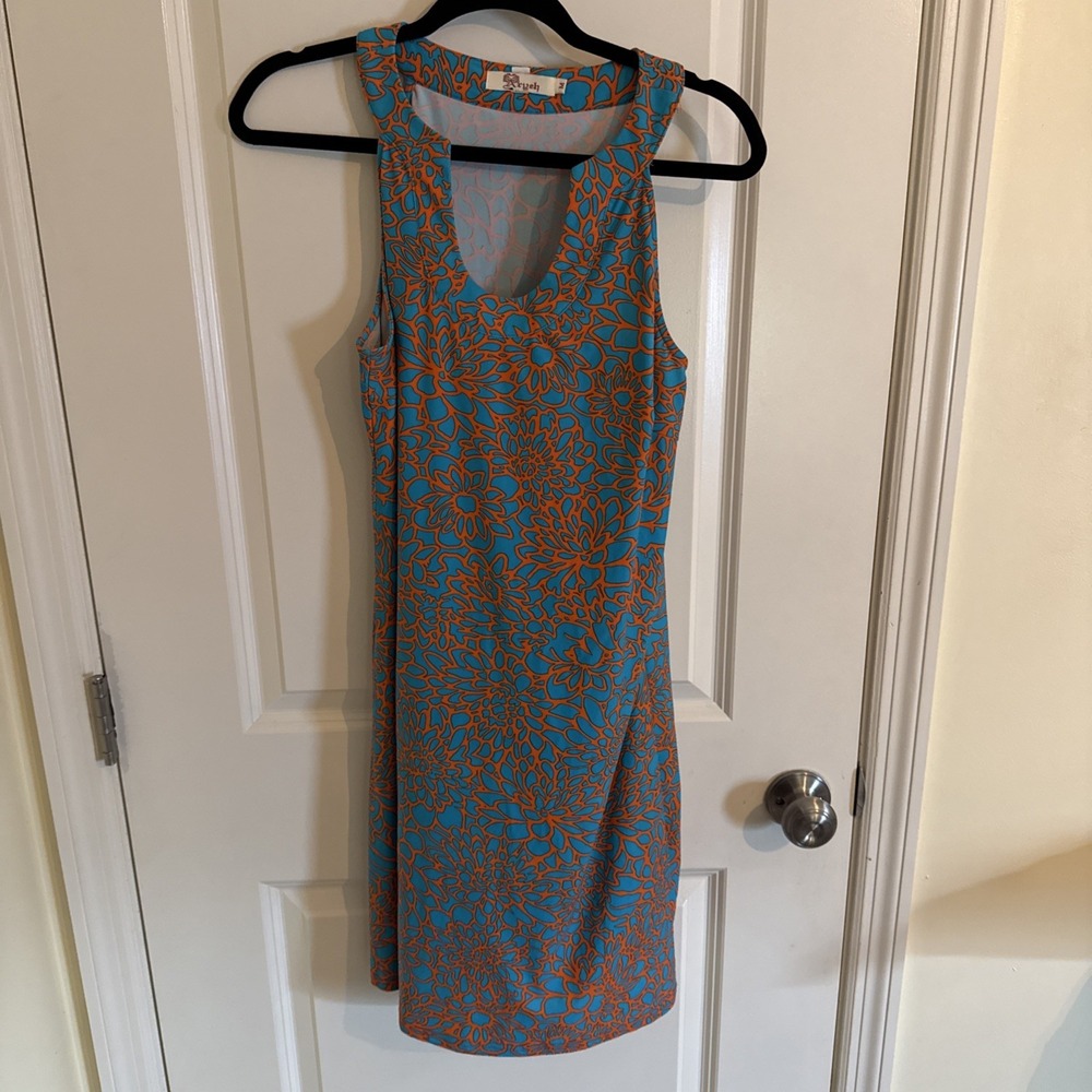Aryeh Printed Dress Orange & Blue Floral Sleeveless Shift Dress Size Medium